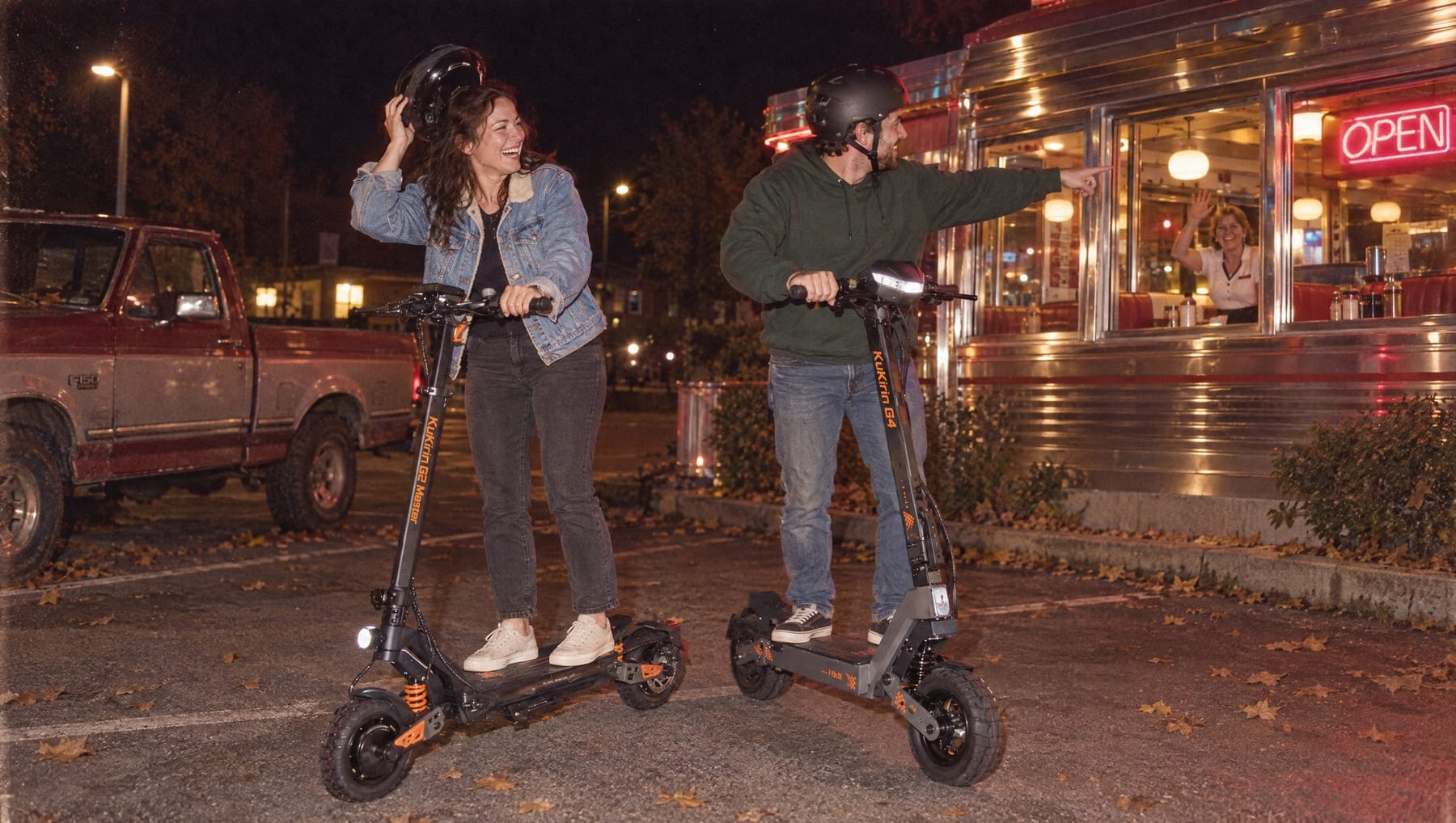 Two friends pull into an all-night diner on a KuKirin G2 Master and a KuKirin G4