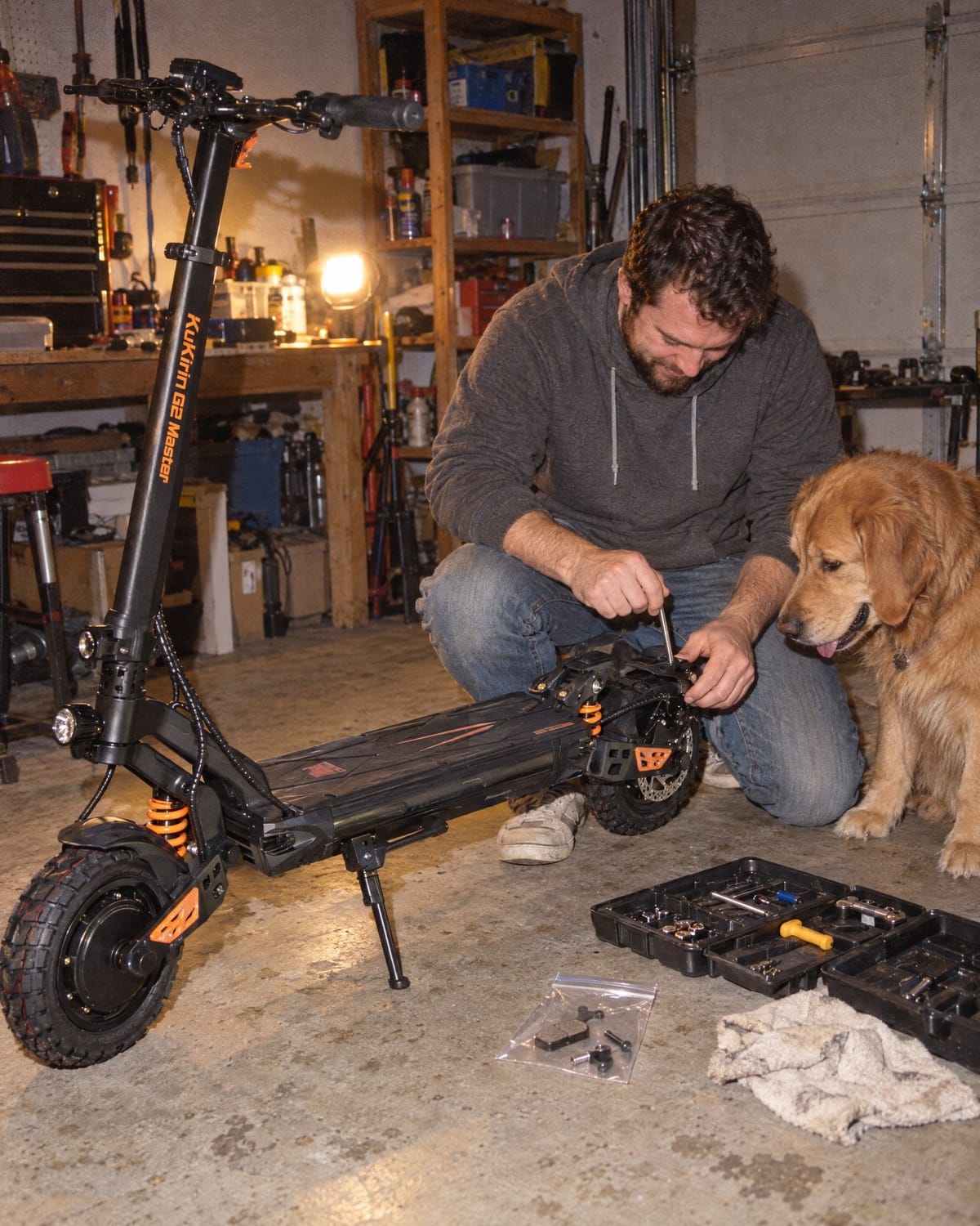 A rider fits new brake pads on a KuKirin G2 Master in his garage