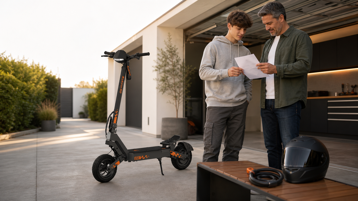A young adult and parent review a responsible riding plan beside a KuKirin G2, helmet and lock