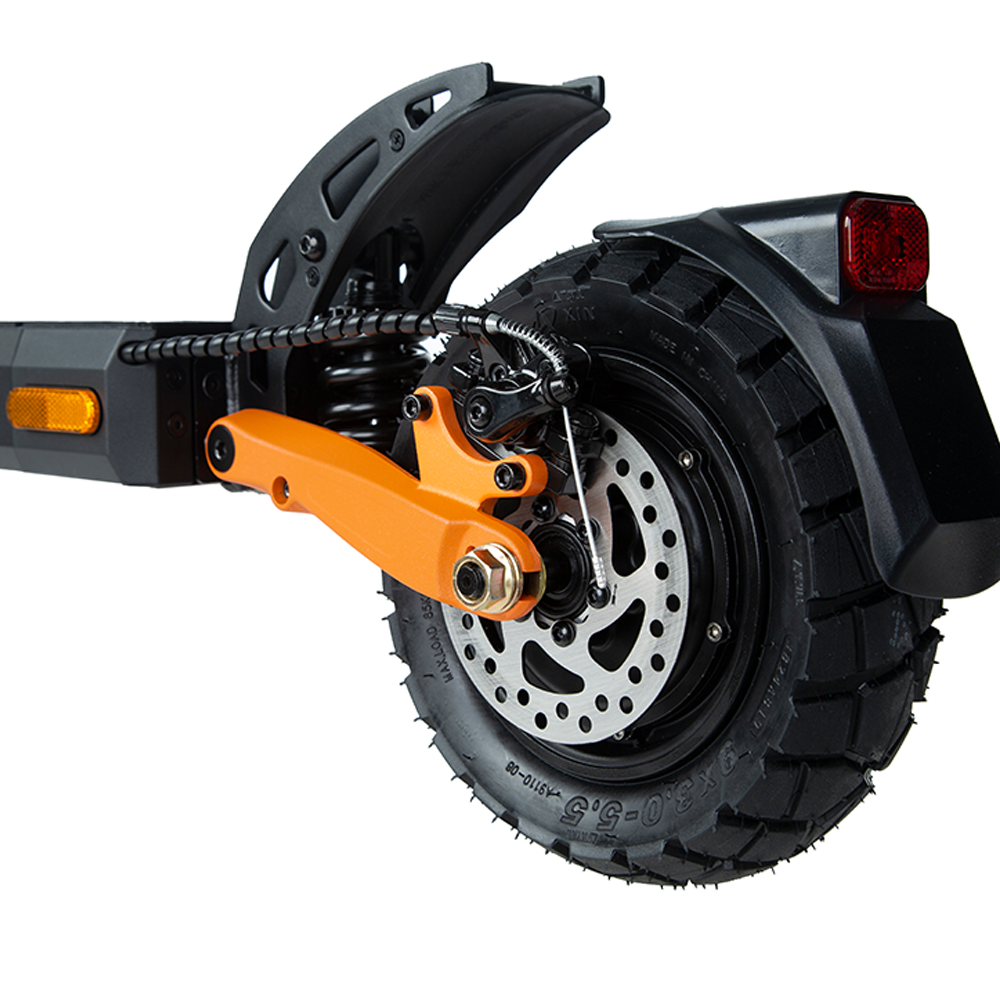 KuKirin G2 Pro VMP rear wheel, disc brake and suspension detail