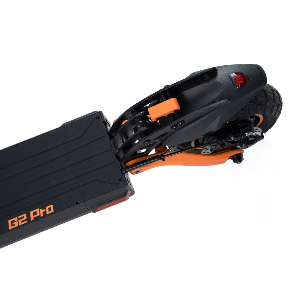 KuKirin G2 Pro rear wheel, disc brake and suspension detail