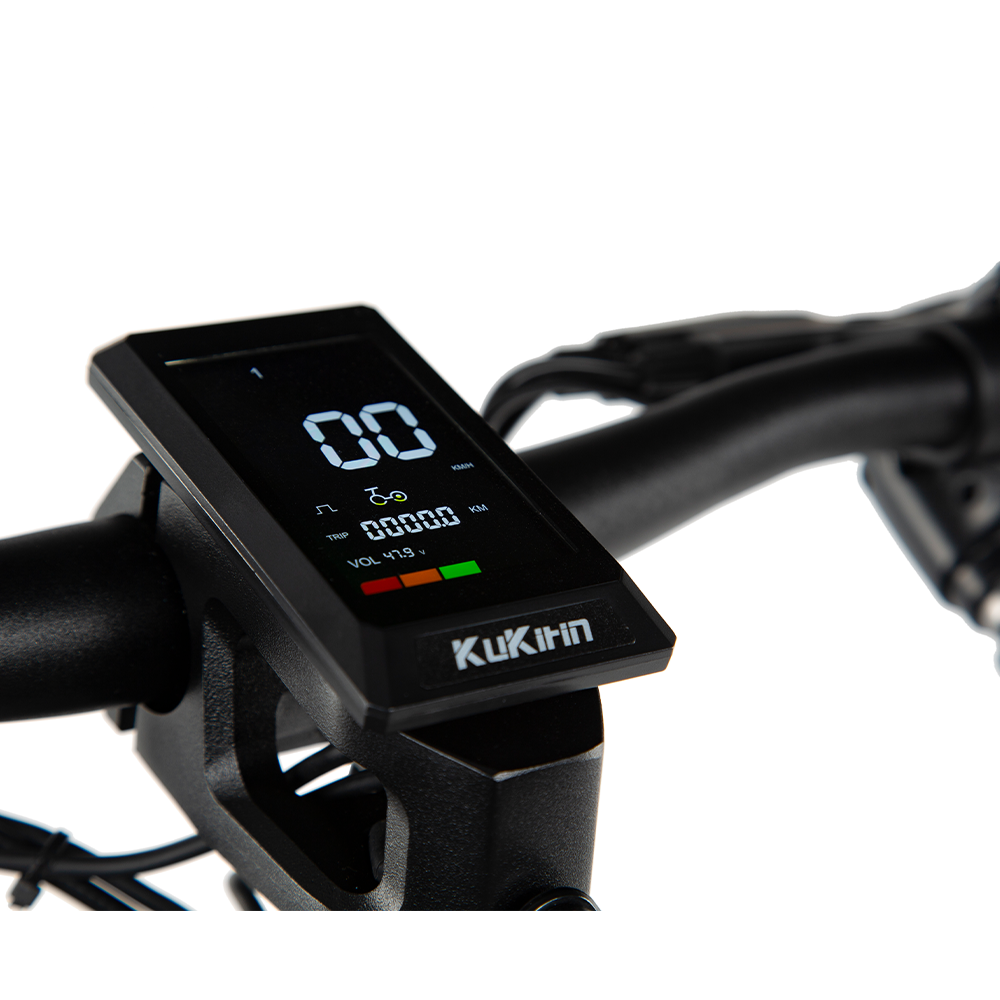 KuKirin T3 colour dashboard showing speed and battery level