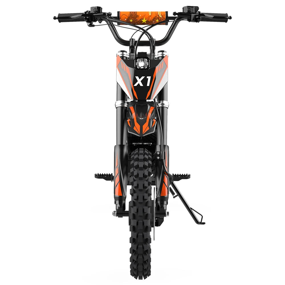 KuKirin X1 electric dirt bike, front view and off-road tyre