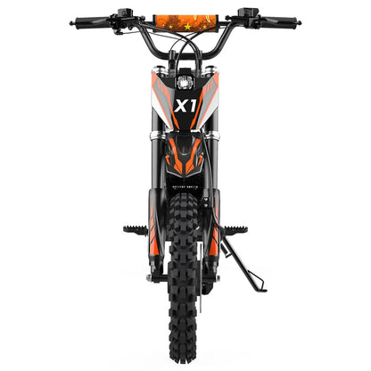 KuKirin X1 electric dirt bike, front view and off-road tyre