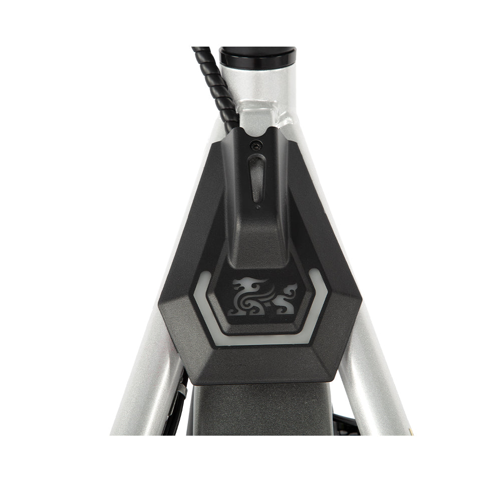 Frame detail of the silver KuKirin A1 electric scooter