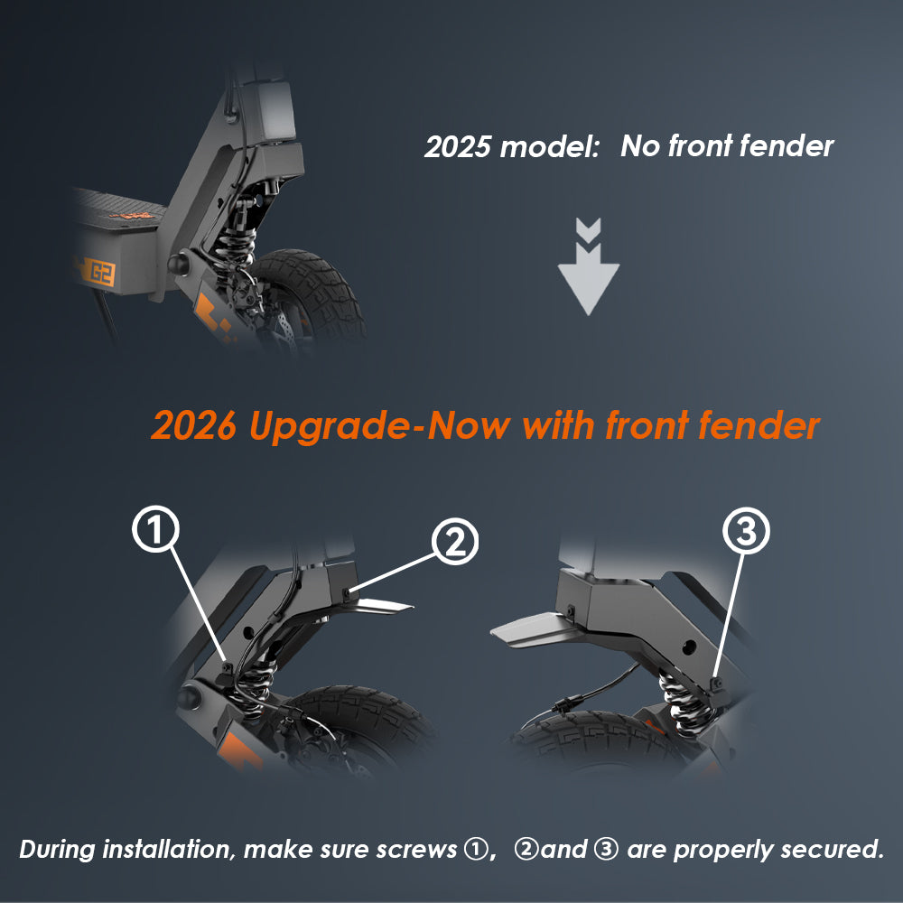 Front-fender comparison between the KuKirin G2 2025 and 2026 versions