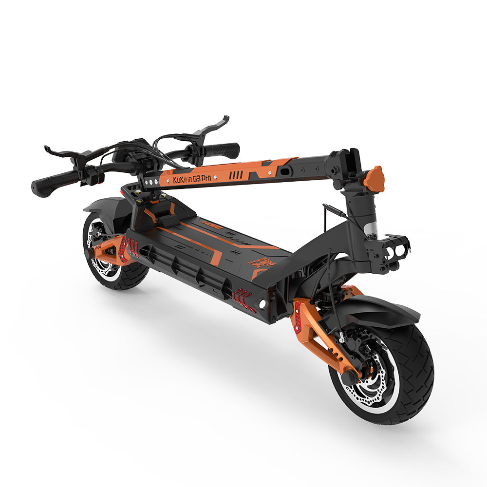 Folded KuKirin G3 Pro with brakes and suspension visible
